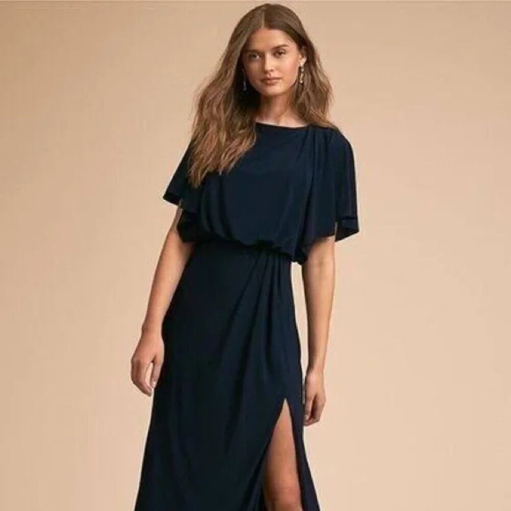 BHLDN Lena in Navy Flutter Sleeve Jersey Slit Front Maxi Dress Gown Size 4